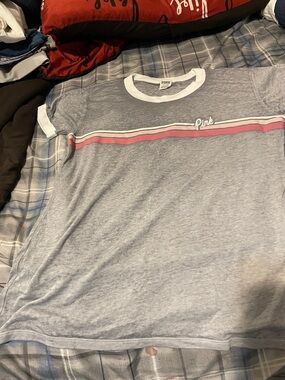 PINK Victoria's Secret Grey Heather Tee with White Trim